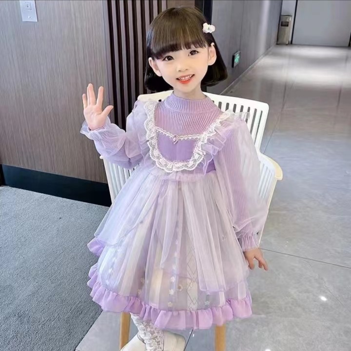 冬季连衣裙女童公主公主裙儿童纱裙裙子洋气蕾丝加绒加厚洛丽塔