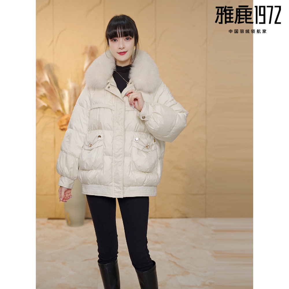 时尚百搭休闲宽松版毛领款90%白鸭绒冬季保暖加厚女士短款羽绒服