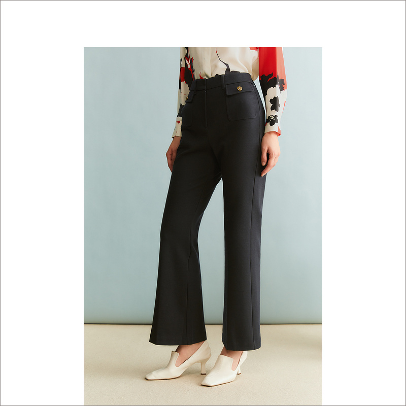 YINER音儿冬季新款法式长裤羊毛混纺微喇叭休闲裤8C33520680