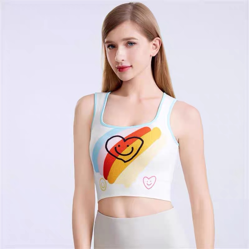 （WX-515)高端瑜伽健身服-高尔夫一字肩一体杯文胸彩虹爱心