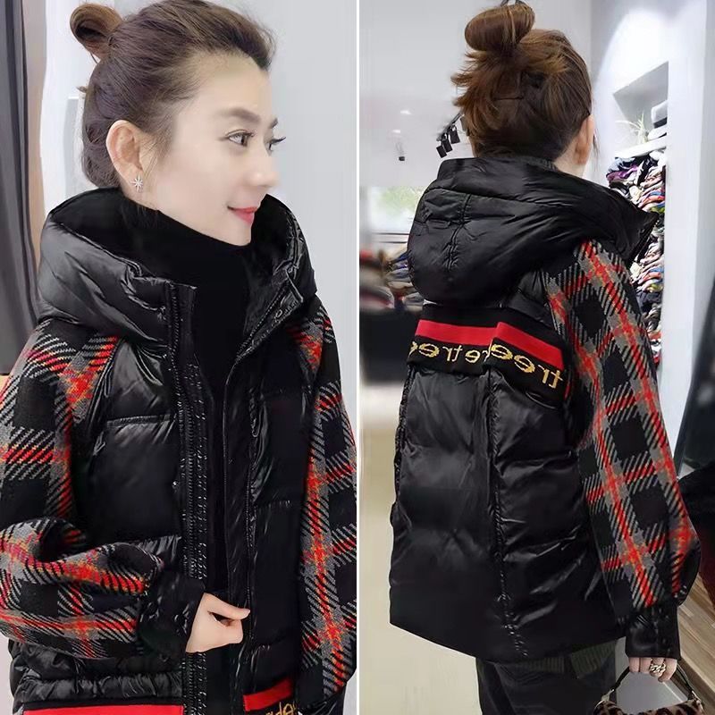 黑色复古格纹拼接羽绒服女小个子韩版短款外套2024秋冬新款欧洲站