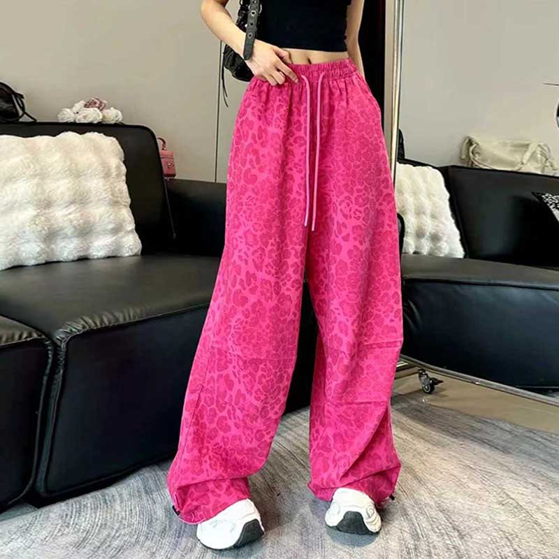 韩系新款秋款休闲阔腿裤女豹纹图案时尚抽绳松紧高腰直筒拖地裤子