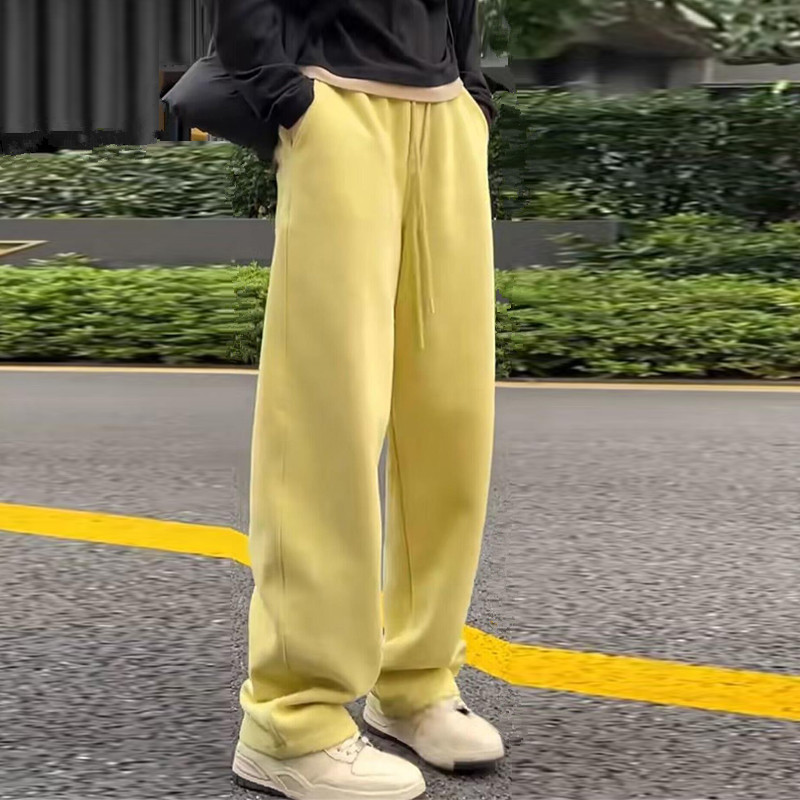 2025秋季极简宽松显瘦休闲黄色阔腿裤时尚高腰百搭直筒卫裤长裤子