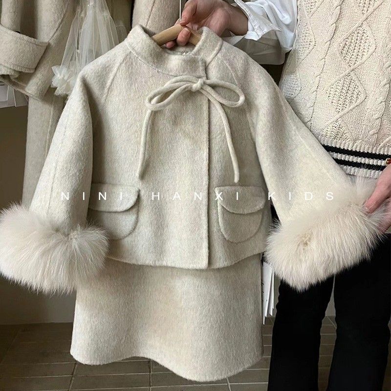巴拉拉吧韩国童装女童毛呢外套秋冬款女孩洋气气质背心裙毛毛边呢