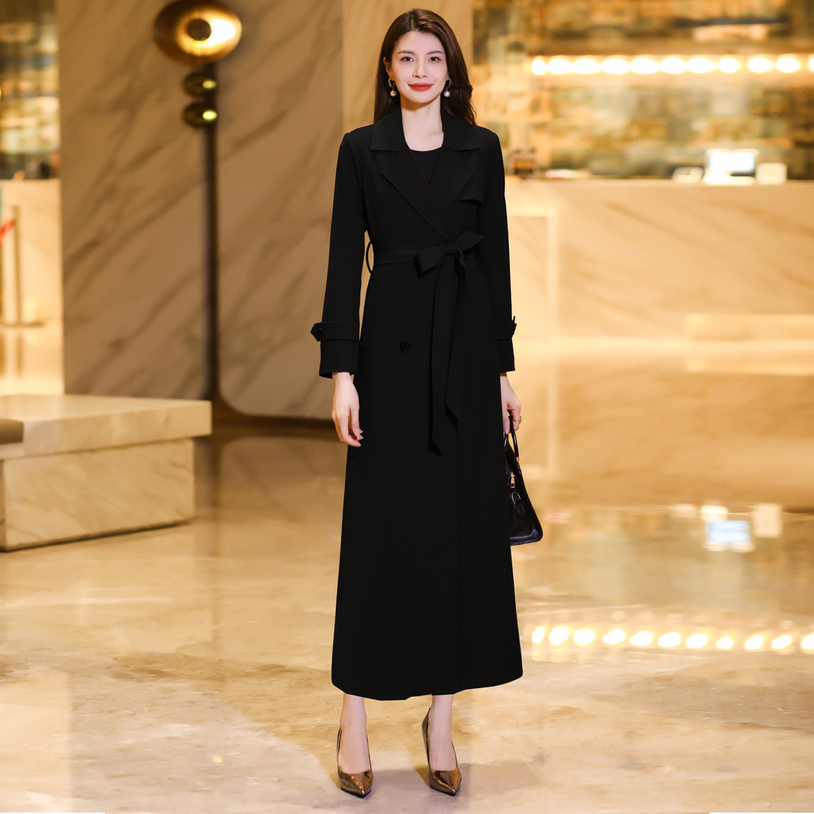 风衣气质长款2025春秋新款显瘦收腰过膝轻奢优雅长款外套流行大衣