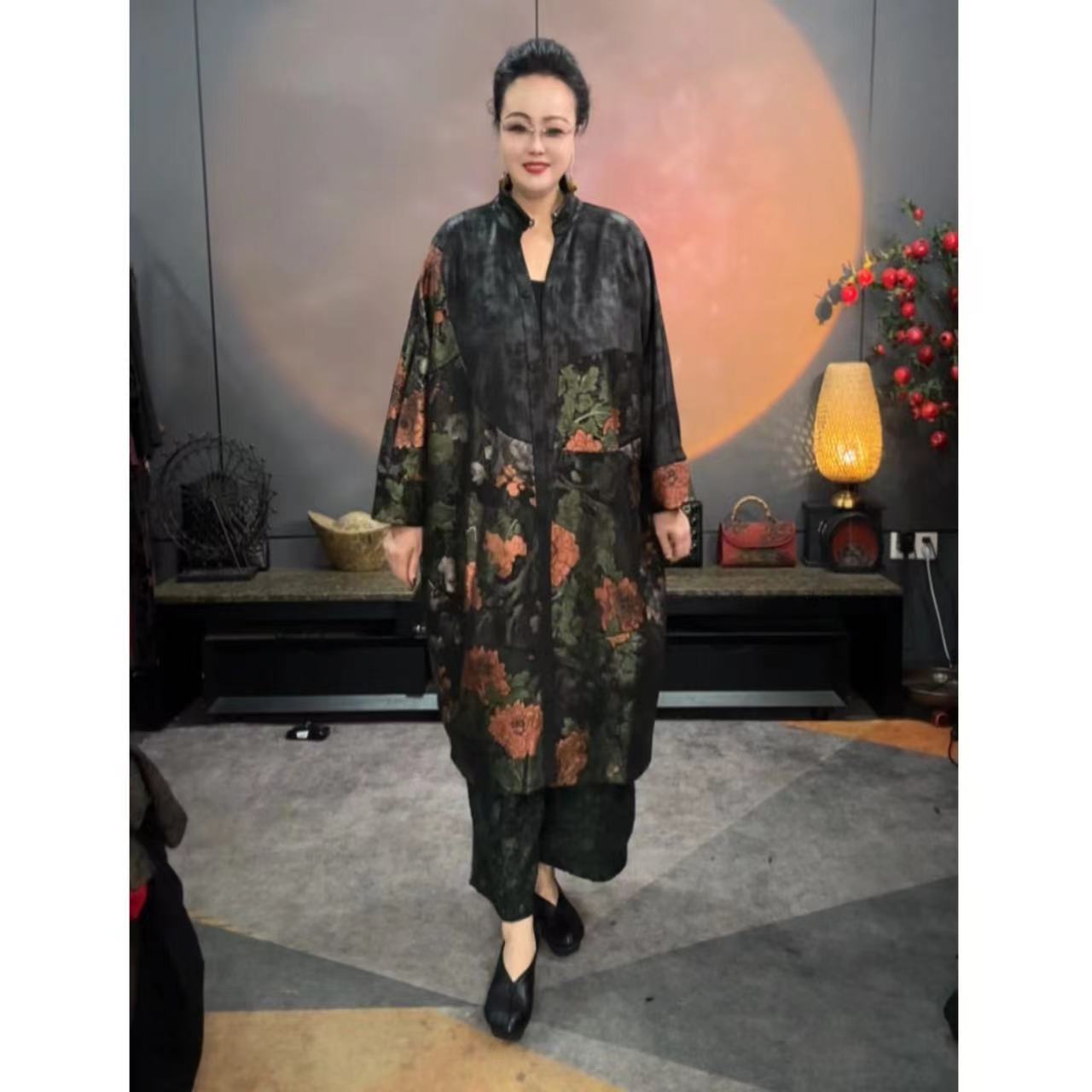 PANZONG/秋冬老料复古重磅大版宽松中国风提花宽松中式风衣外套