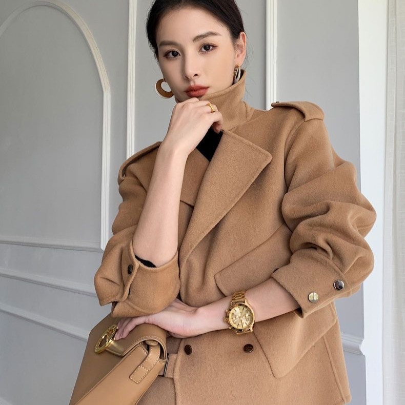 ［贺赫］双面羊毛大衣女2022秋冬新款高端短款小个子显高100%高贵
