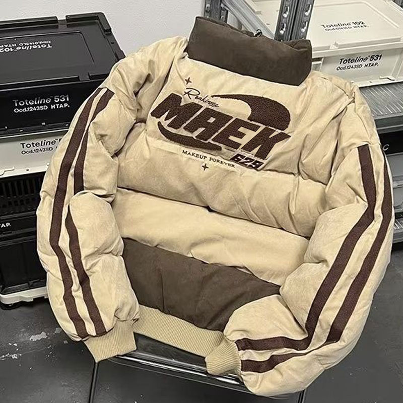 冬季美式时尚潮流立领毛巾绣棉服男女加厚保暖宽松百搭质感面包服