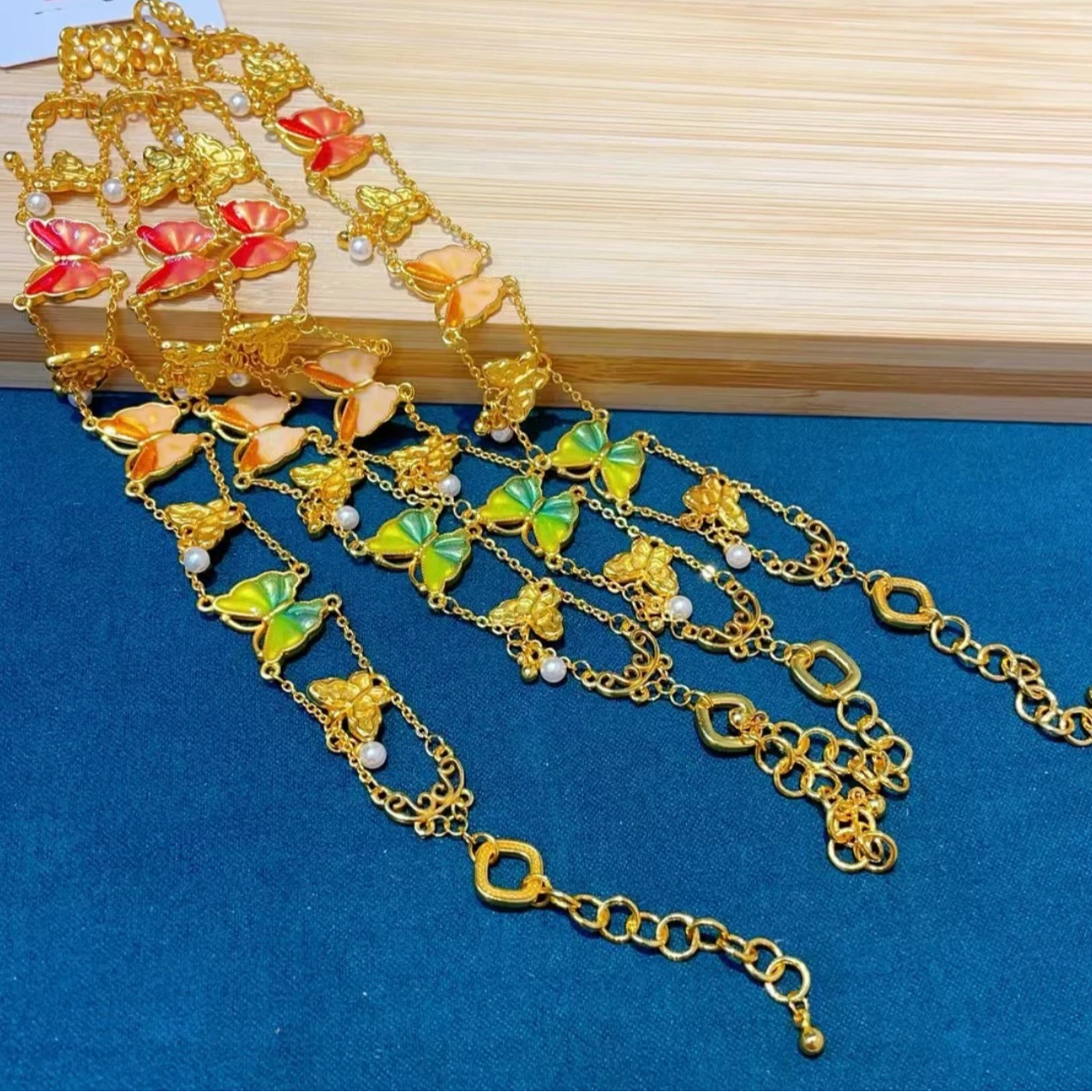 铜合金珐琅手链 新中式国潮风鎏金錾刻胸饰珐琅彩珐手工古风金色