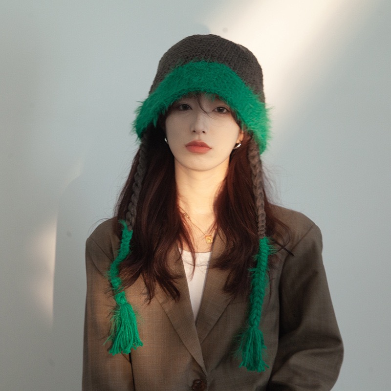 韩国撞色手工粗毛线帽子女春夏显脸小渔夫帽护耳保暖针织盆帽学生