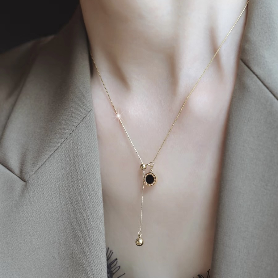 钛钢项链 1036 抽拉可调罗马数字黑白双面圆牌吊坠项链女锁骨链