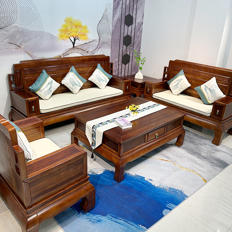 ☆912新中式古典实木沙发冬夏两用别墅客厅成套家用雕花木质沙发