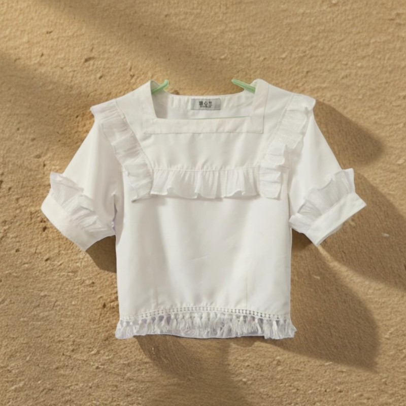 法式甜美纯色女款短袖衬衫小衫娃娃衫百搭夏季时尚白色衬衣上衣