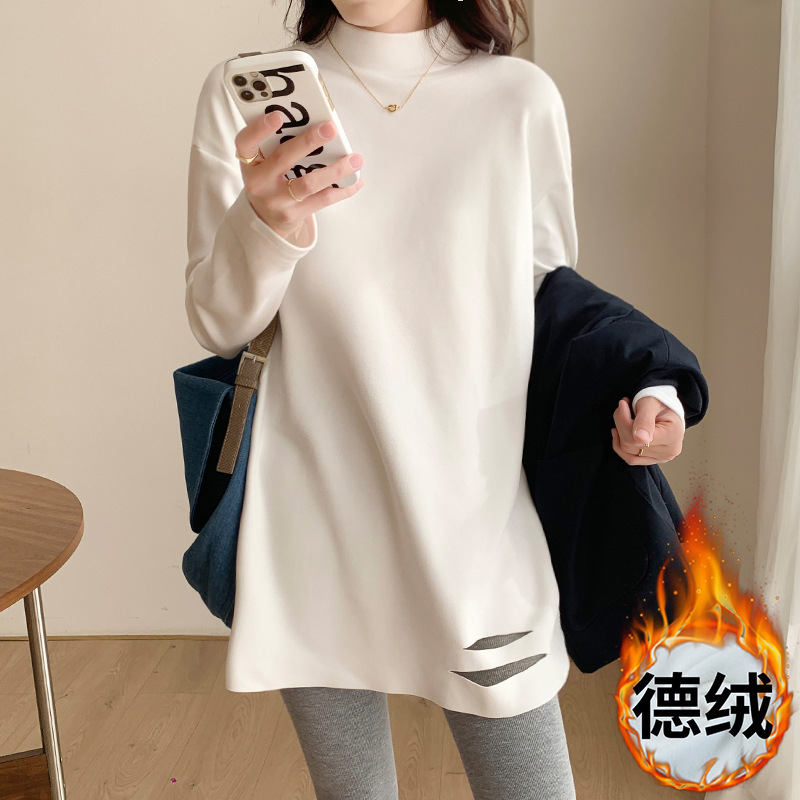 批发德绒半高领打底衫女内搭秋冬磨毛加厚白色t恤长袖洋气中长款