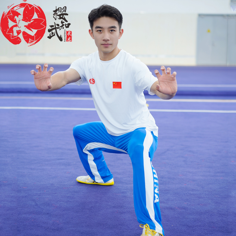 樱知武中国蓝白条纹直筒裤青花瓷以柔克刚武术训练裤高弹透气学生