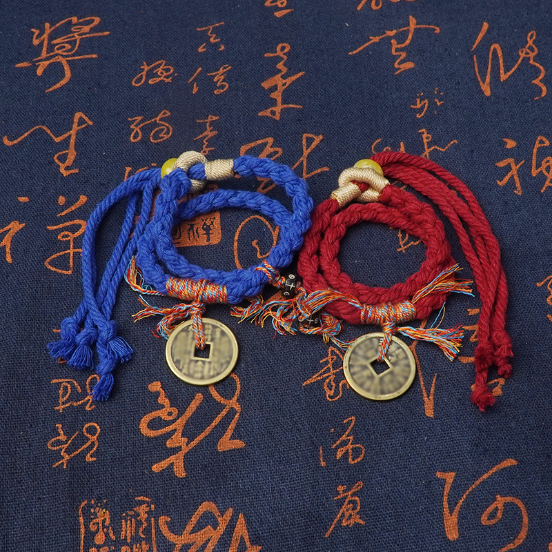 铜合金布艺手链 纯手工编绳花钱手链布艺可调节民族风红手绳情侣