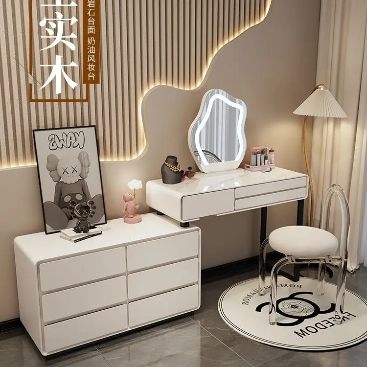 卧室梳妆台大户型实木岩板梳妆桌奶油风玻璃化妆台转角款伸缩斗柜