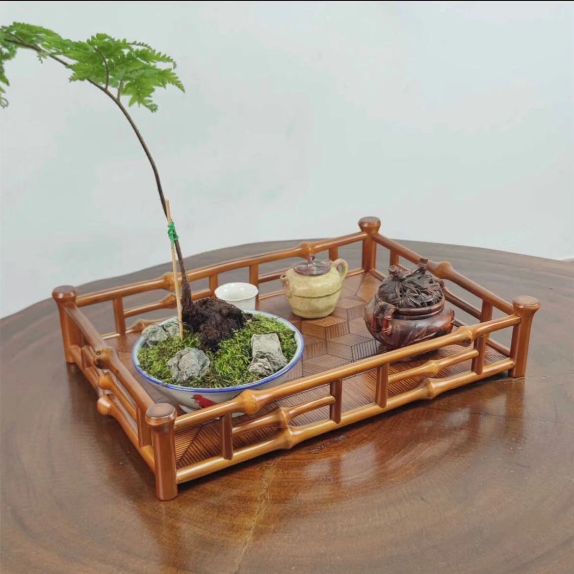 茶室桌面收纳盘文玩珠宝收纳整理筇竹大漆非遗纯手工双面使用