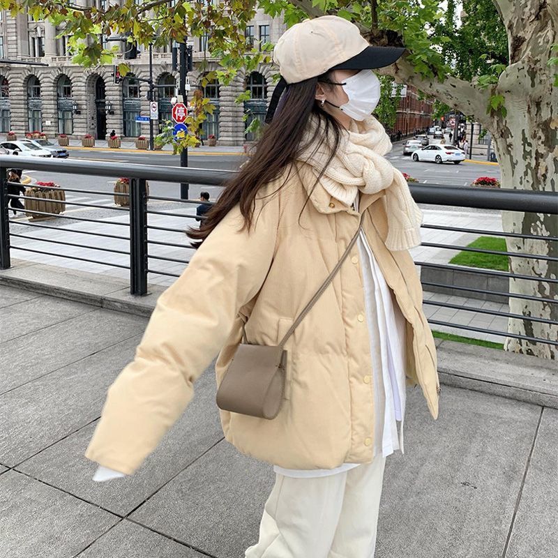 慵懒风立领灯芯绒棉服女2023冬季新款小个子加厚面包服淡黄色宽松