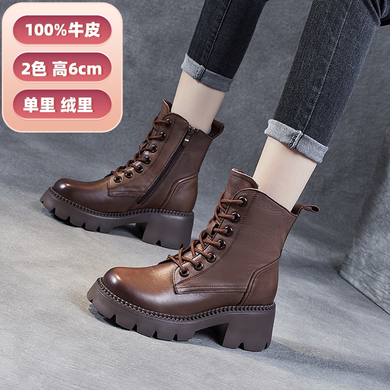 女士马丁靴真皮2025爆款100%牛皮加绒短靴高跟复古小短靴单鞋秋冬