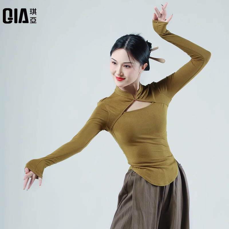 琪亚古典舞练功服女成人长袖舞蹈服中式旗袍领镂空现代跳舞服上衣