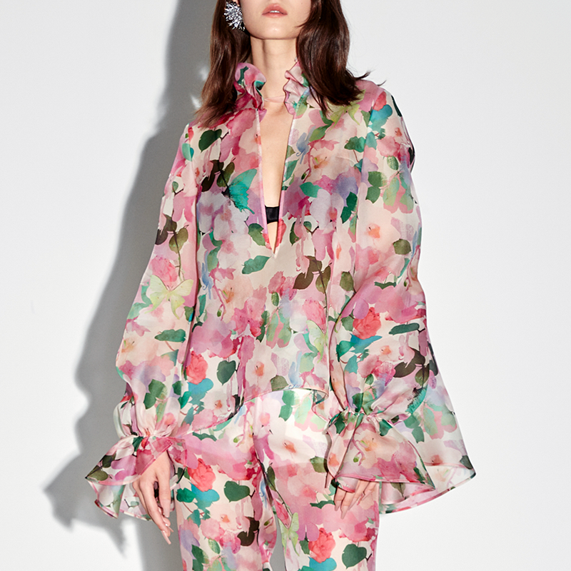 AS DALIO真丝桑蚕丝欧根缎印花V领花边泡泡袖女士上衣