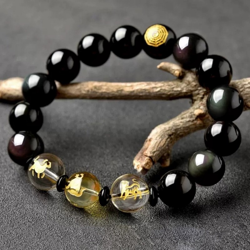 2024年黑曜石三合生肖手链虎马狗猪兔羊猴鼠龙牛蛇鸡手串情侣礼品