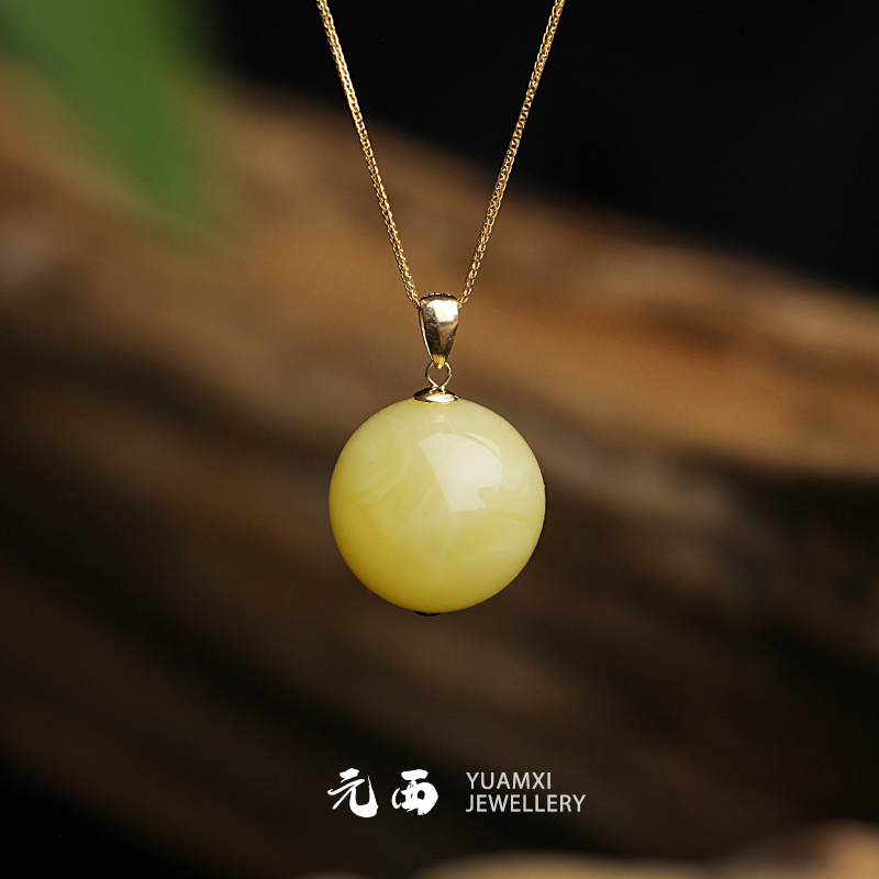 收藏级天然满蜜妖花蜜蜡项链配18k金链子蜜蜡吊坠项圈锁骨链首饰