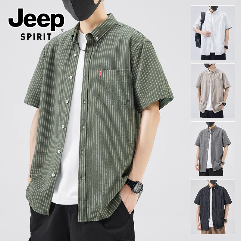 JEEPSPIRIT吉普日系夏季条纹男复古衬衫休闲短袖衬衣男款外套