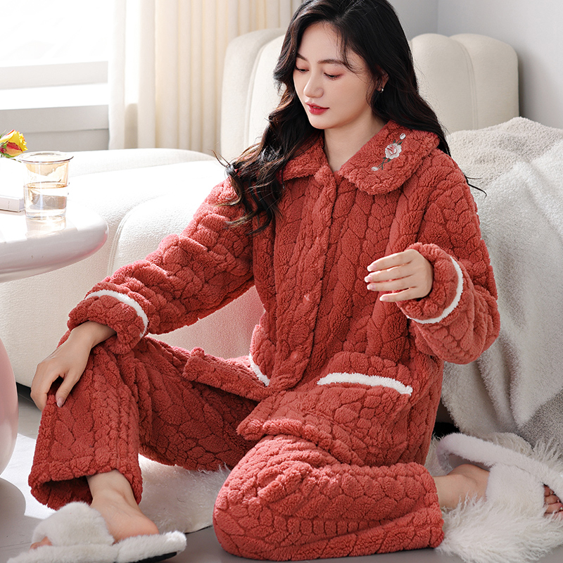 毛绒睡衣女士中老年妈妈装加绒加厚保暖秋冬季大码冬天家居服套装