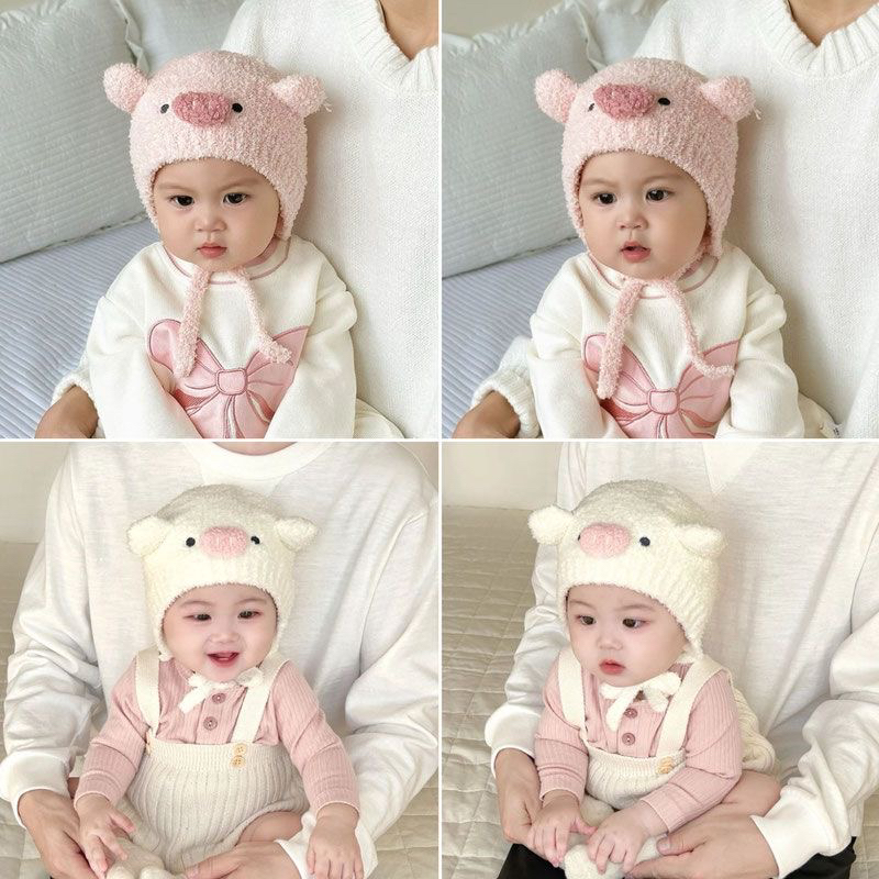 宝宝帽子婴儿可爱超萌猪猪包头帽新生幼儿秋冬保暖防风毛绒护耳帽