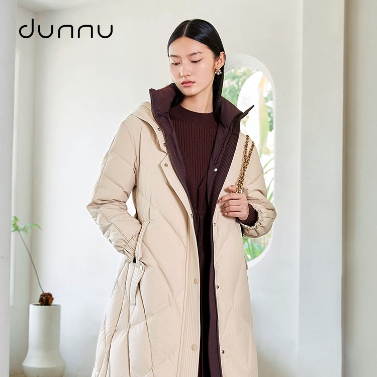 dunnu敦奴冬季拼色连帽中长款修身显瘦保暖白鹅绒羽绒服DQ5Y2123