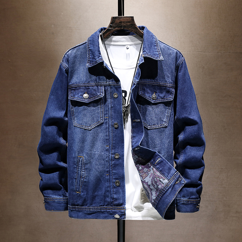 秋冬高奢印花底男牛仔夹克深蓝翻领潮流款牛仔外套3011#