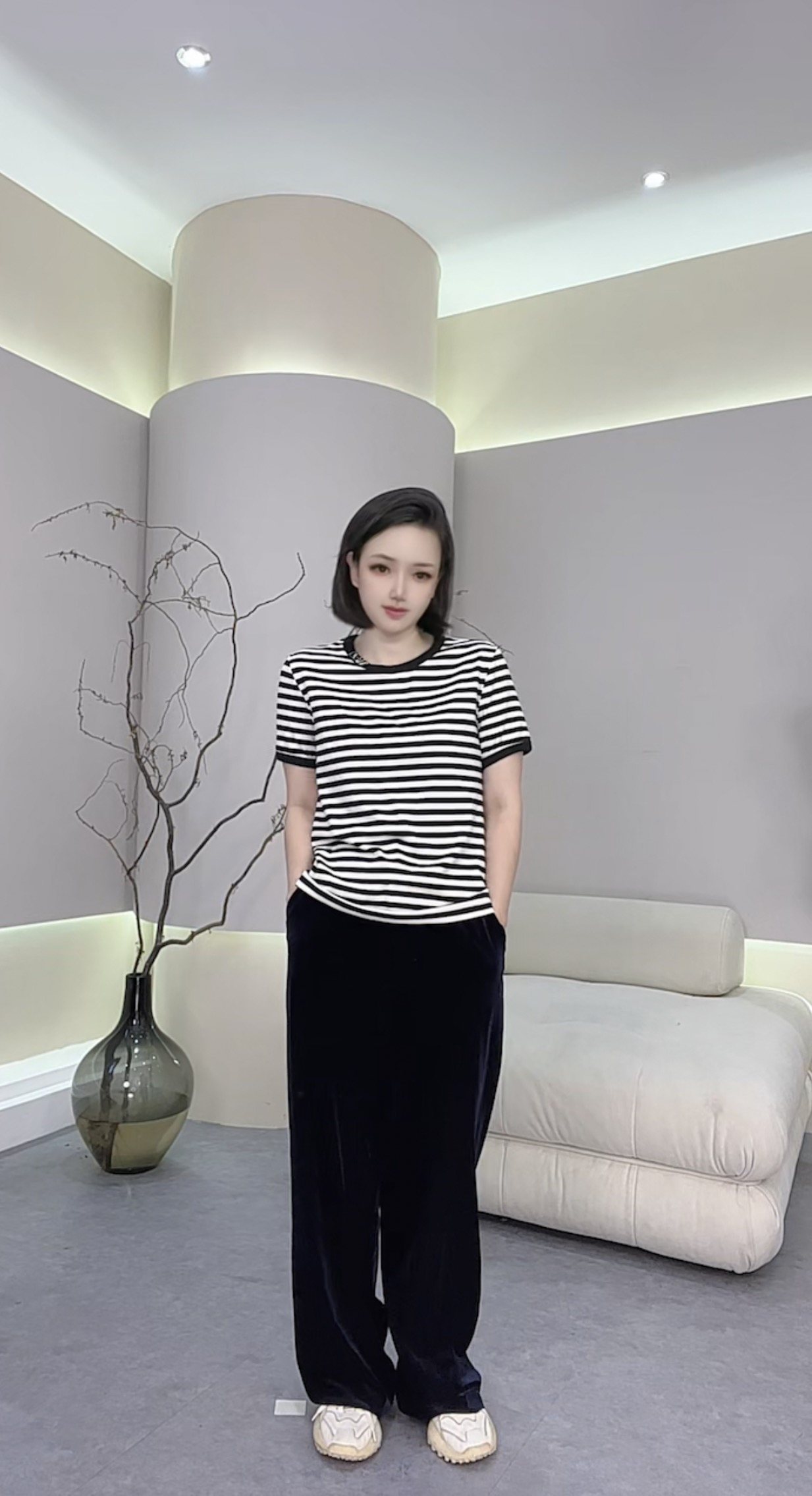 【欧悠茵】洋气独特别致气质高级半袖条纹T女士宽松落肩