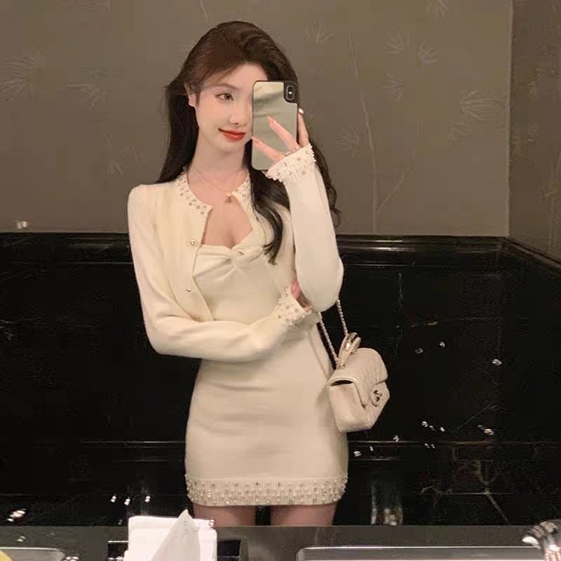 小香风水钻钉珠针织套装女2023秋冬新款法式名媛气质高级感两件套