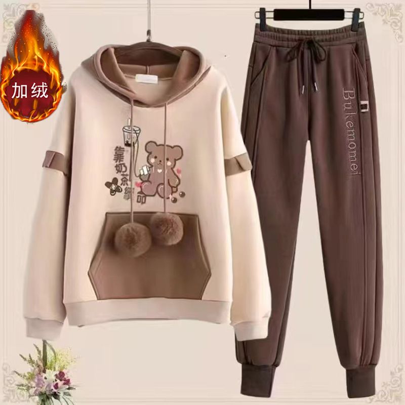 冬季新款加绒加厚时尚休闲套装初中学生连帽卫衣束脚长裤两件套潮