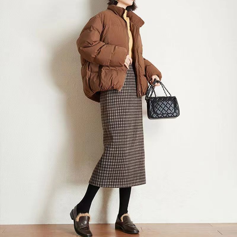 小格子毛呢半身裙女春秋冬新款高腰中长款包臀a字裙开叉一步裙