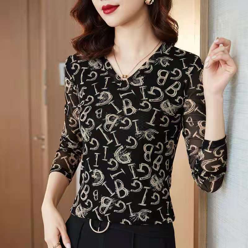 高档蕾丝衫V领长袖T恤女春秋新款修身洋气上衣加绒加厚网纱打底衫