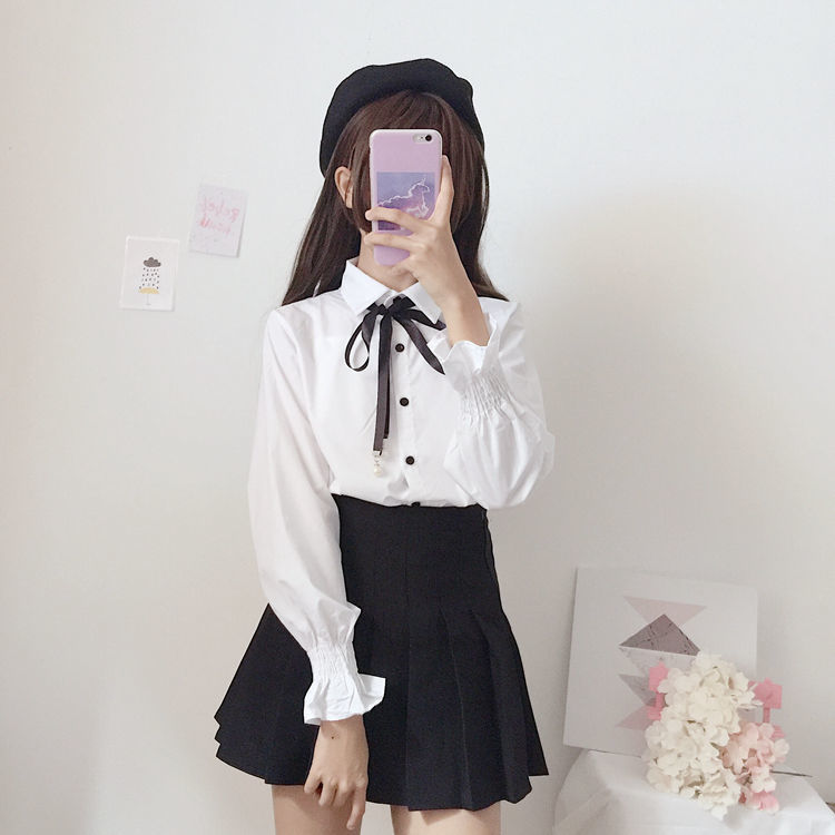 2023秋冬新款日系长袖白衬衫女学生韩版宽松学院风蝴蝶结衬衣上衣
