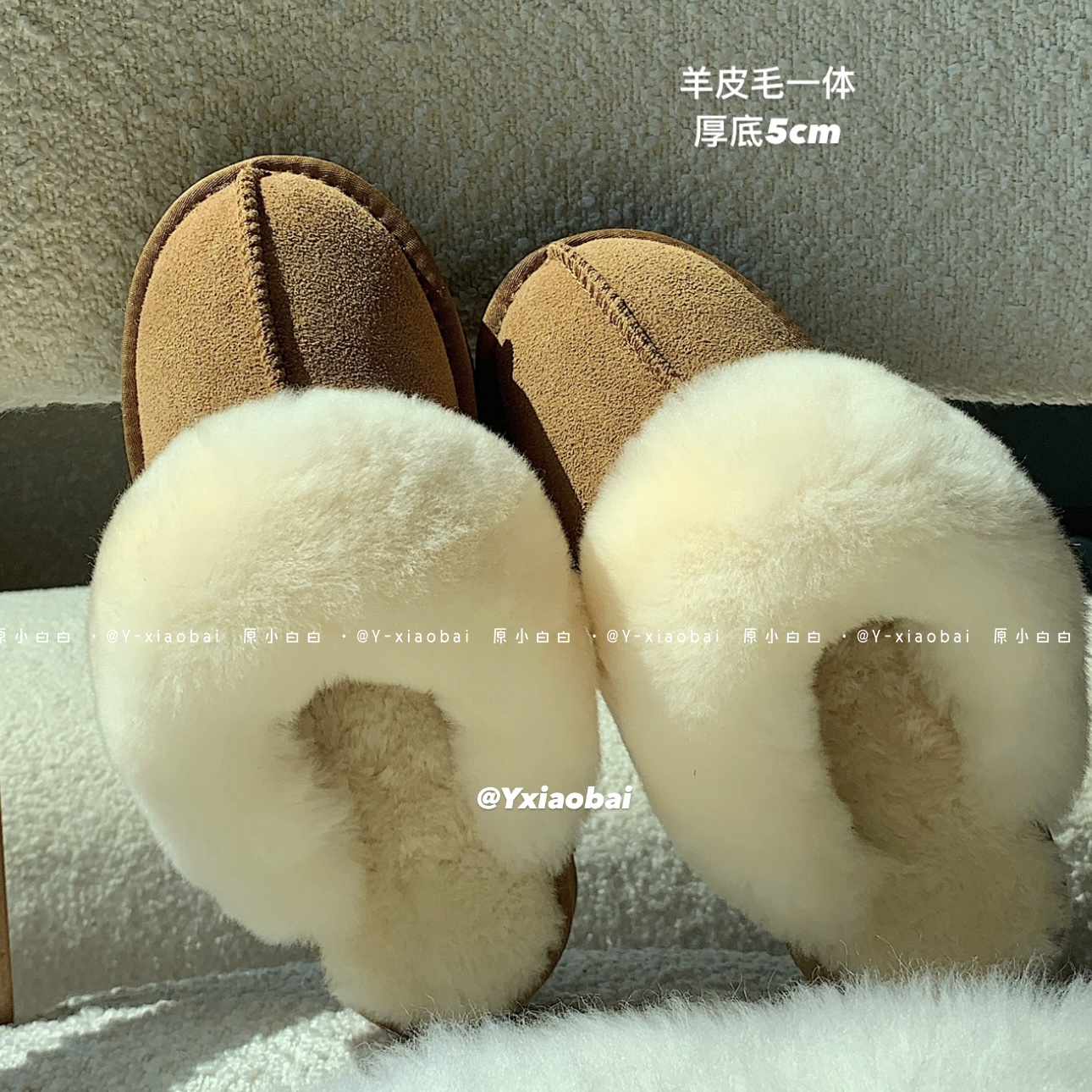 原小白白真牛皮羊毛雪地厚底保暖毛毛拖