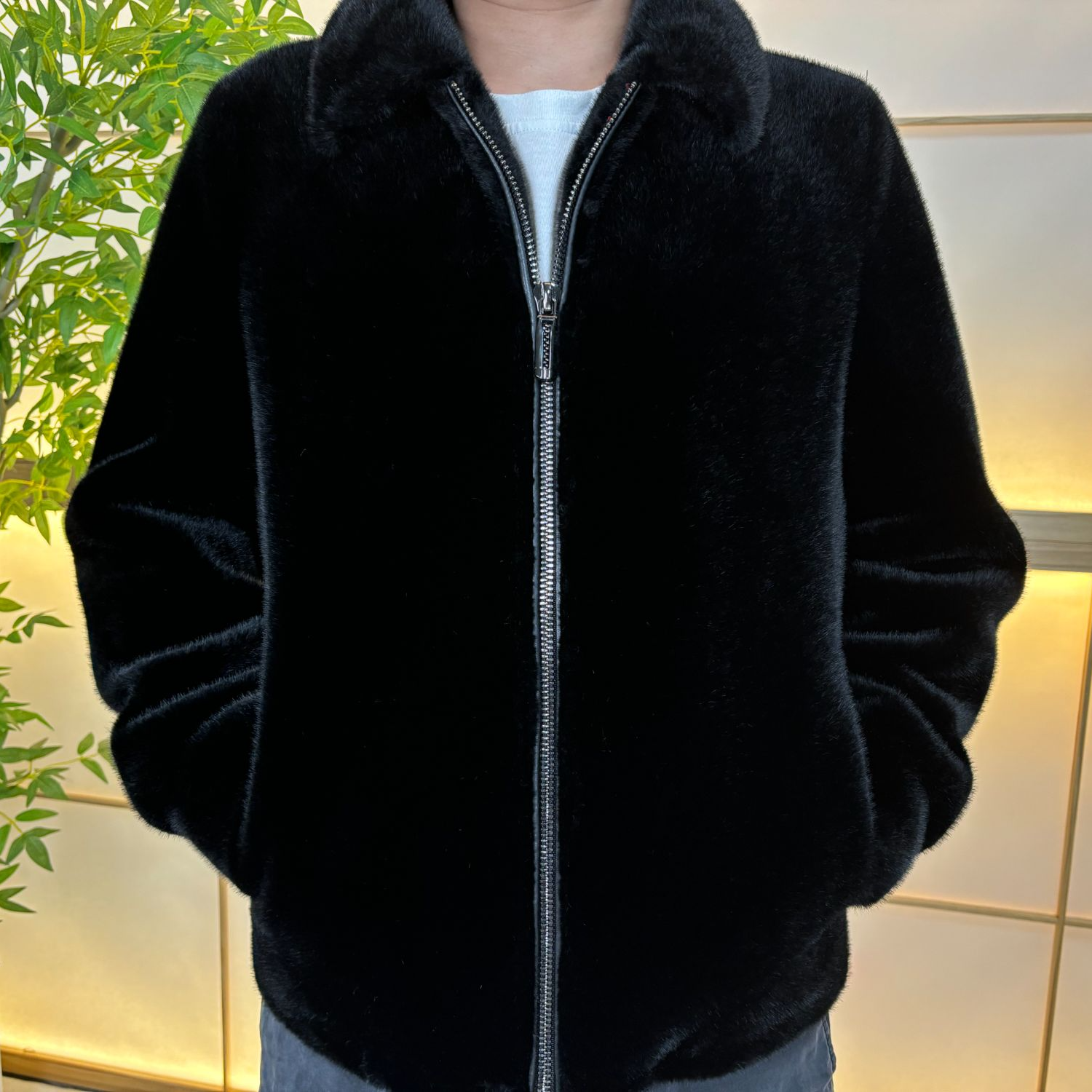 真皮皮衣男金D绒雪蓝貂翻领夹克黑色短款百搭休闲秋冬外套男士