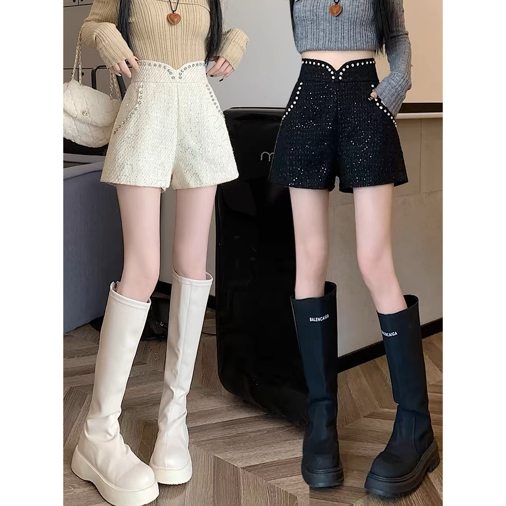 （Xy精选）粗花毛呢春秋冬季高腰亮片外穿黑色阔腿短裤休闲靴裤子