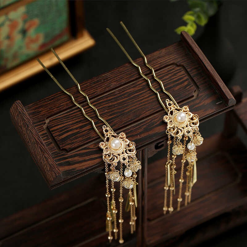 复古风花朵流苏发簪盘发饰品女轻奢简约中式发钗优雅头饰簪子设计