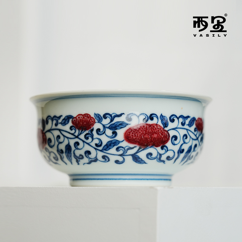 念物山坊·「青花釉里红缠枝莲灵芝炉式杯 」描金纯手工手绘中式茶具