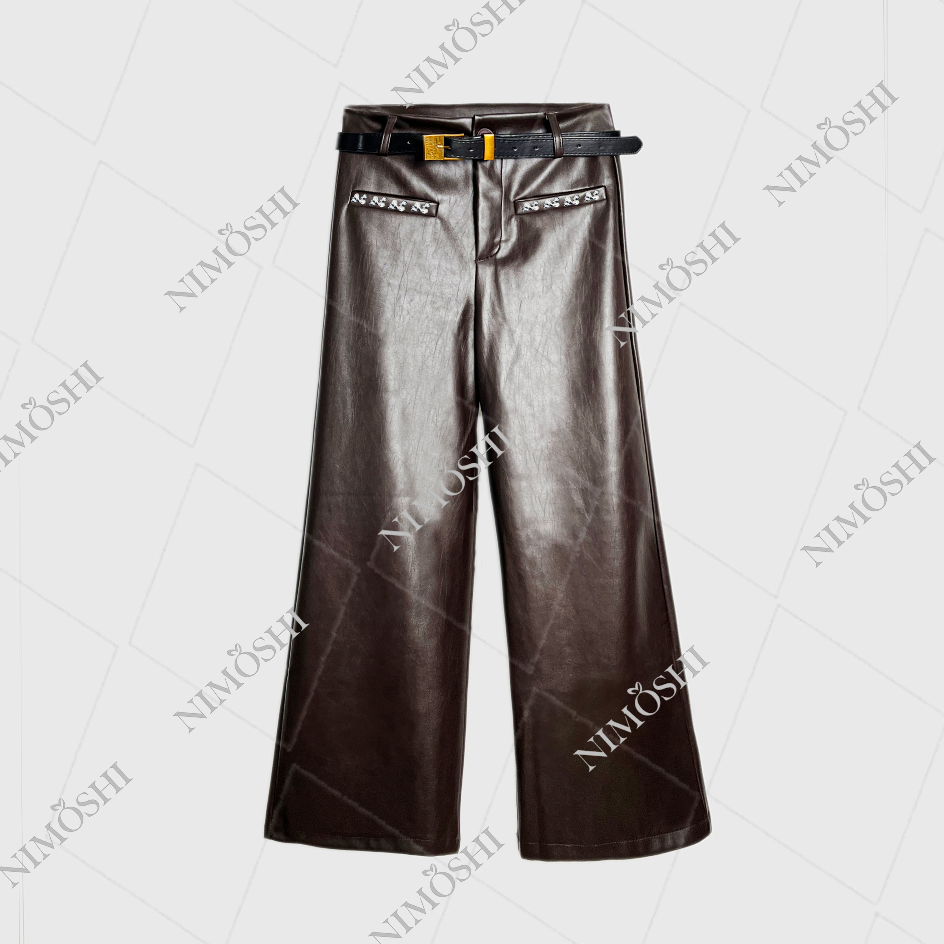 NIMðSHI【娴儿专属】美式加绒高腰宽松直筒显瘦休闲百搭皮裤K1005