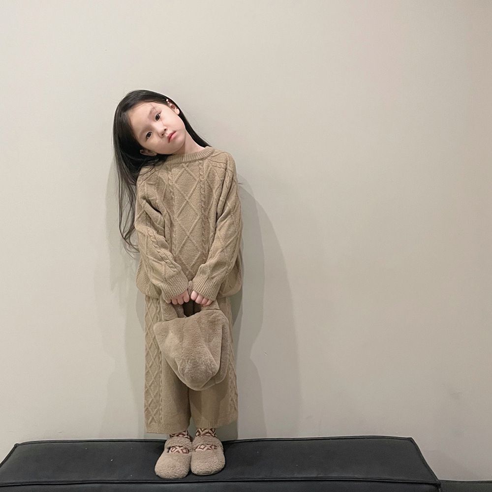 女童复古绞花工艺秋冬季宝宝韩版毛衣裤套装