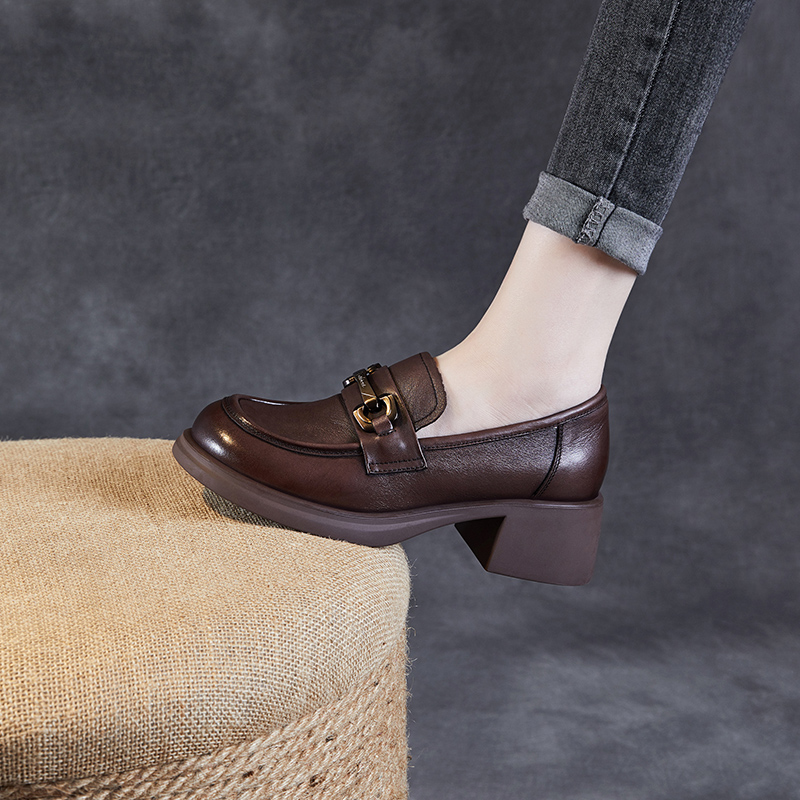 【卡卡定制】头层牛皮粗跟乐福鞋女新款爆款真皮厚底一脚蹬上班族