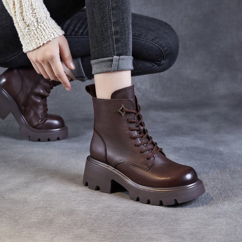 【卡卡定制】头层牛皮2024秋冬新款系带粗跟厚底小个子圆头马丁靴女