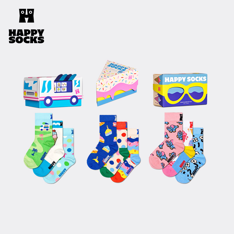 HappySocks【SS24新品】 春夏季礼品袜儿童潮流3双装中筒棉袜礼盒装