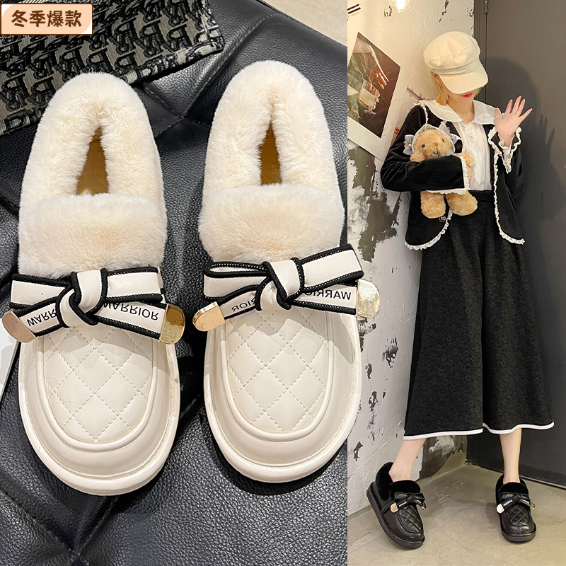 意尓康2023年新款时尚百搭蝴蝶结加绒厚保暖一脚登豆豆鞋女冬季
